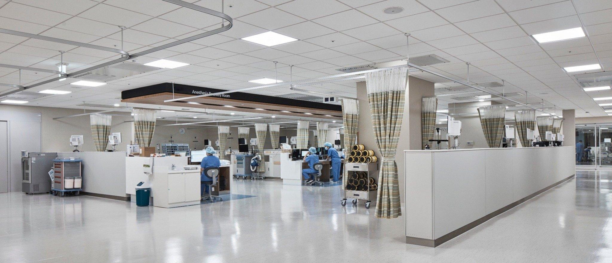 Modern healthcare facility protected by integrated fire alarm and fire sprinkler systems.