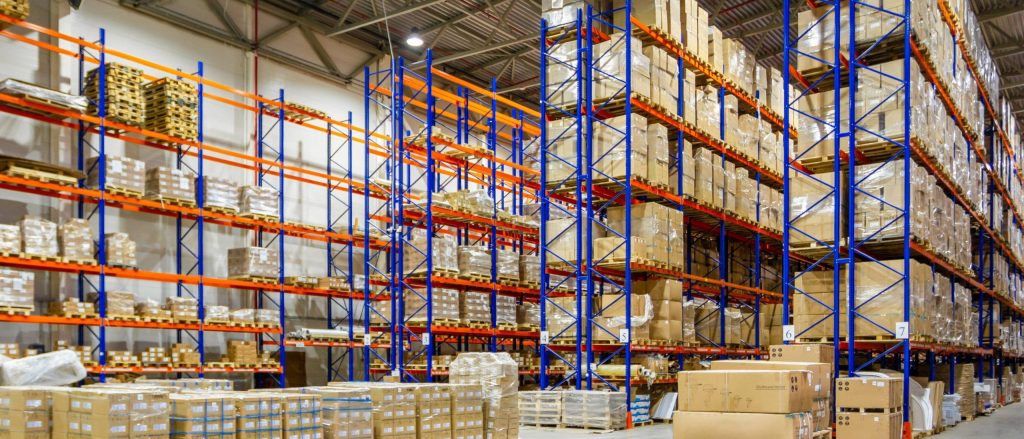 Distribution warehouse protected by fire sprinklers designed for high-pile storage applications.
