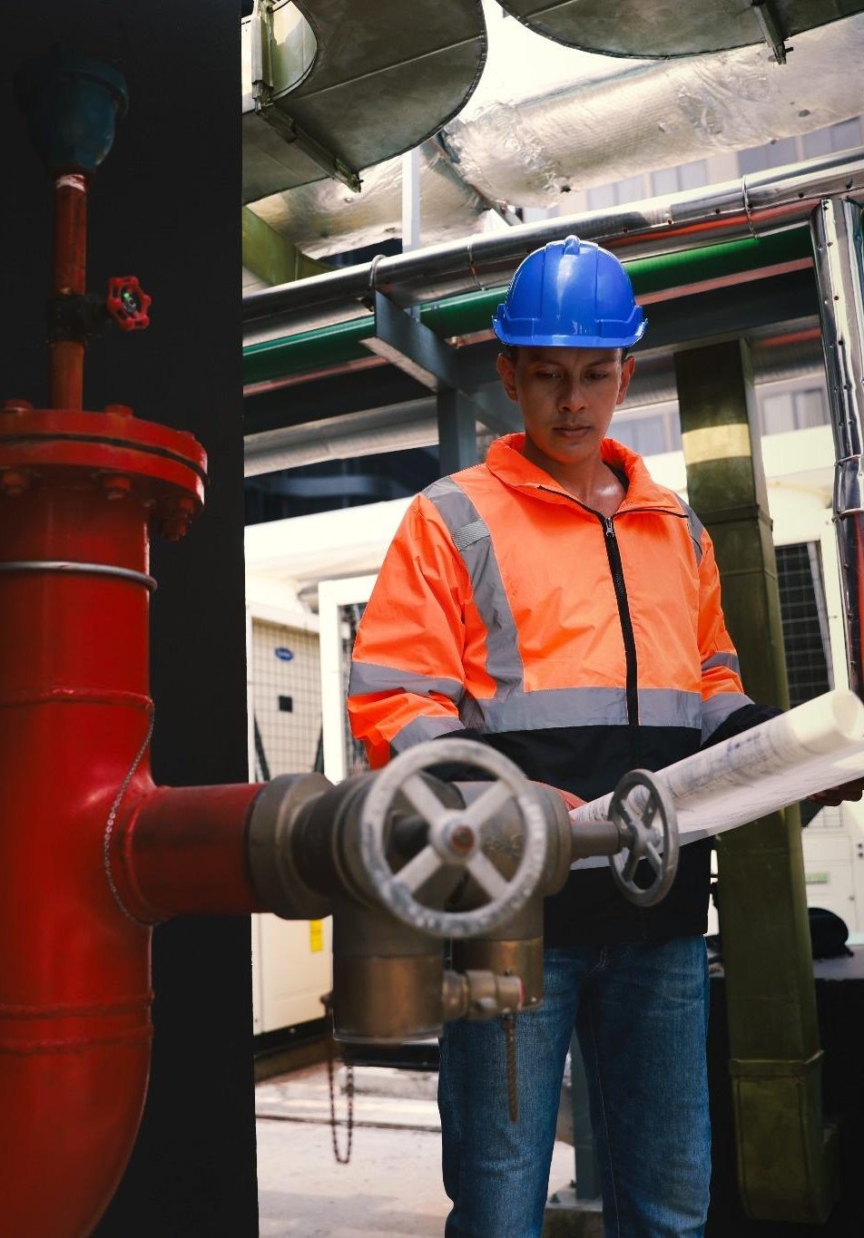 Fire protection professional reviewing fire sprinkler system plans inside a commercial mechanical room.