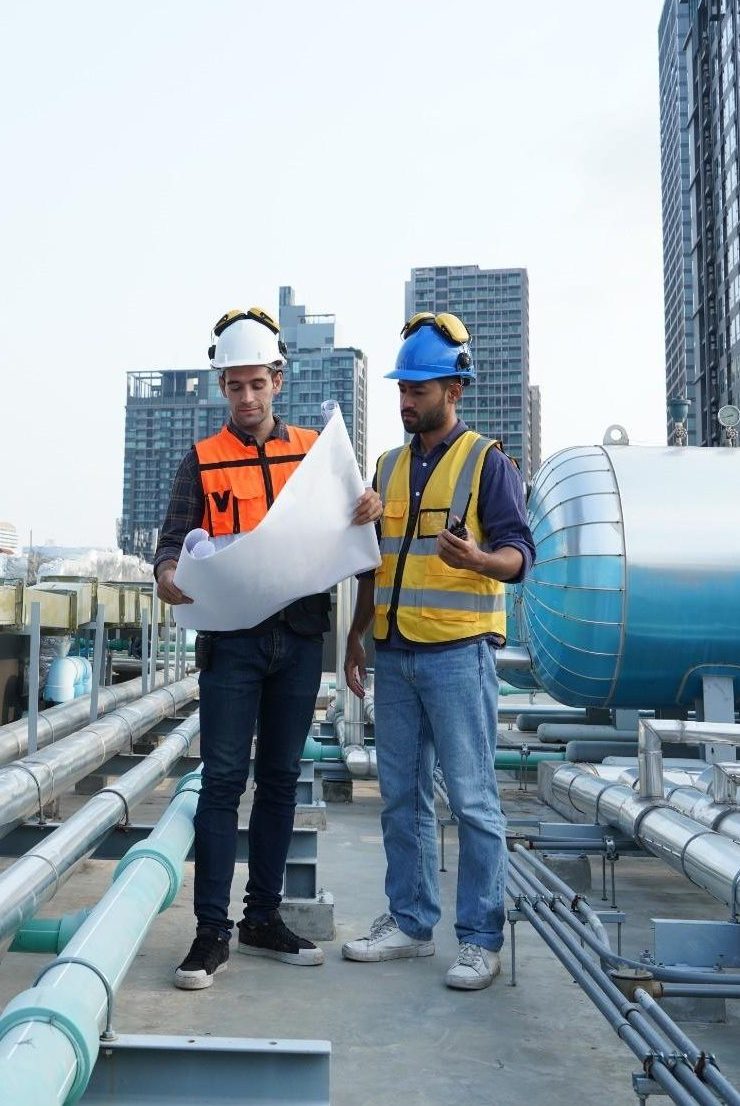 Commercial plumbing professionals reviewing construction plans on a rooftop mechanical system installation in the Greater Chicago area.