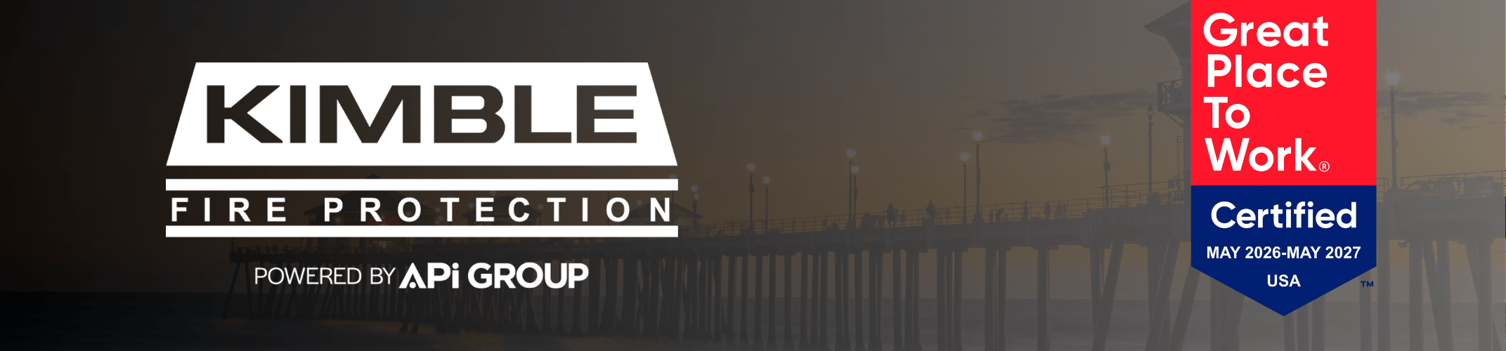 Kimble Fire Protection banner featuring the San Diego coastline and Great Place To Work® Certified badge for commercial fire protection services.